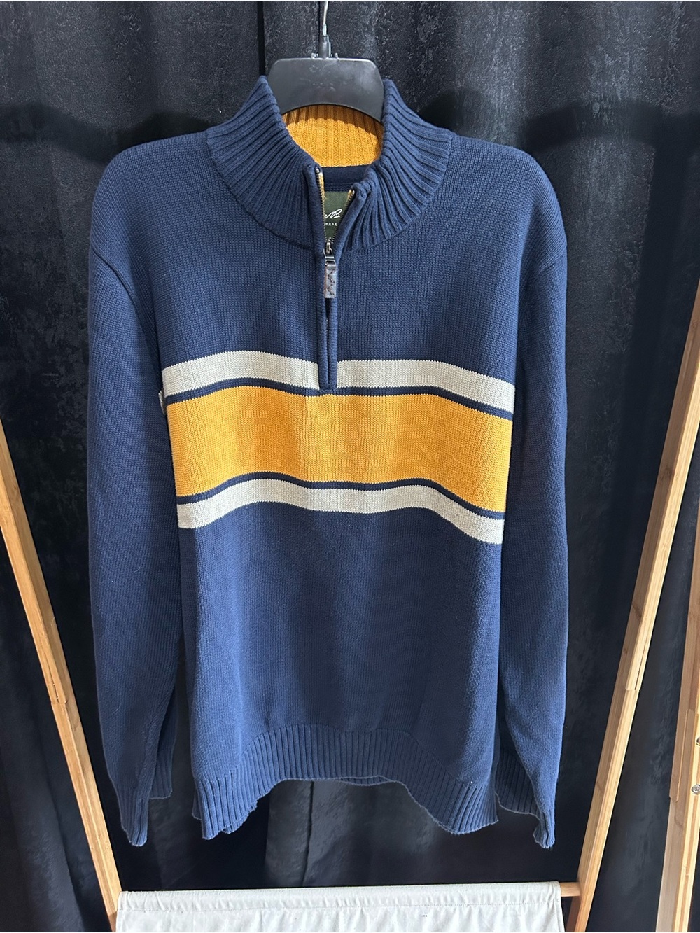 Eddie Bauer Navy Zip-Up Sweater with Yellow and Cream Stripes
